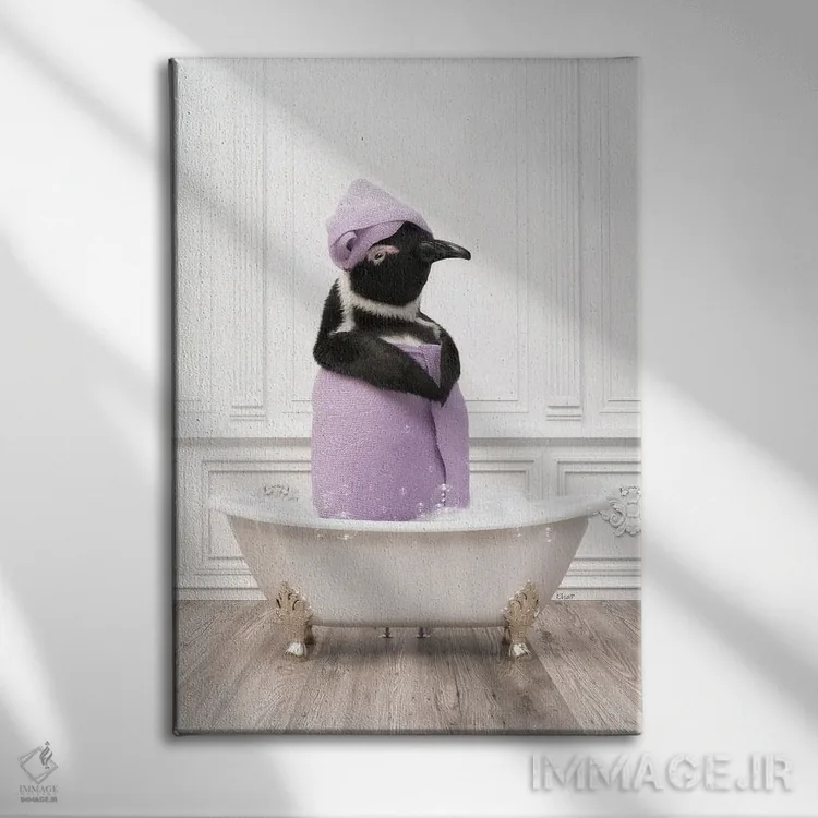 تابلو دکوراتیو پنگوئن با حوله حمام اثر جوفری فیلیپ - نمای روبهرو روی دیوار
