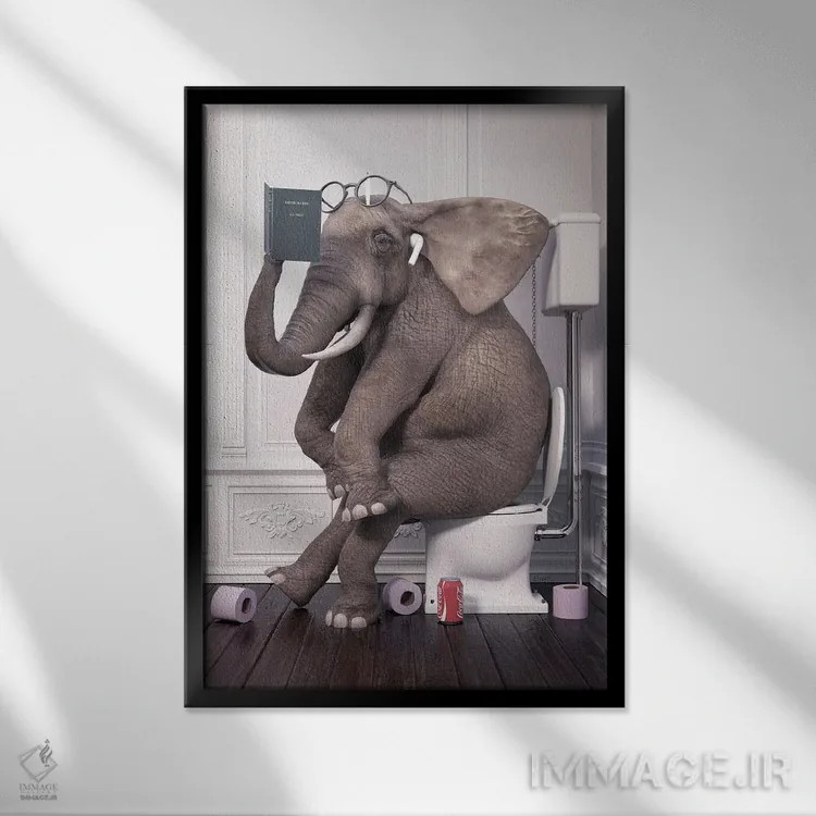 تابلو دکوراتیو فیل آرام در دستشویی در حال کتاب خوانی اثر جوفری فیلیپ - نمای قابدار مشکی