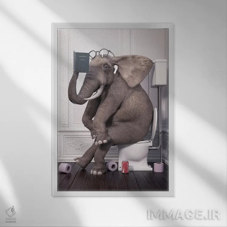 تابلو دکوراتیو فیل آرام در دستشویی در حال کتاب خوانی اثر جوفری فیلیپ - نمای قابدار سفید