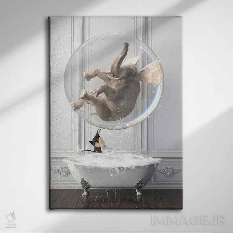 تابلو دکوراتیو فیل و یک پنگوئن در وان حمام اثر جوفری فیلیپ - نمای روبهرو روی دیوار