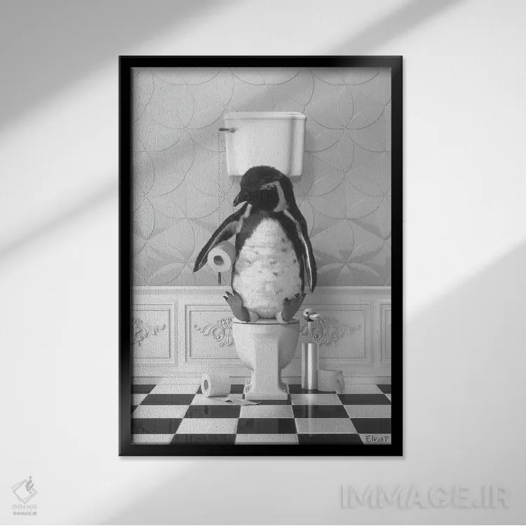 تابلو دکوراتیو پنگوئن روی دستشویی اثر جوفری فیلیپ - نمای قابدار مشکی