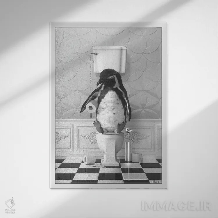 تابلو دکوراتیو پنگوئن روی دستشویی اثر جوفری فیلیپ - نمای قابدار سفید