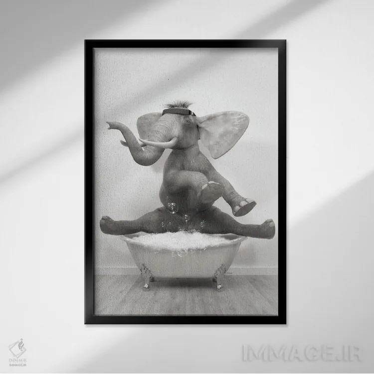 تابلو دکوراتیو فیل ژیمناست در حمام اثر جوفری فیلیپ - نمای قابدار مشکی