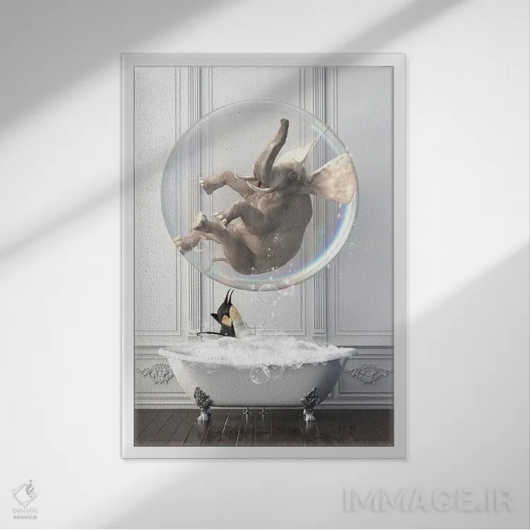 تابلو دکوراتیو فیل و یک پنگوئن در وان حمام اثر جوفری فیلیپ - نمای قابدار سفید