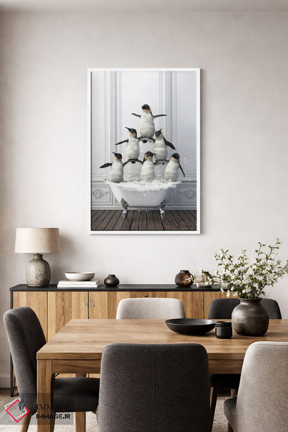 تابلو دکوراتیو پنگوئن های ژیمناست در حمام اثر جوفری فیلیپ - D3W