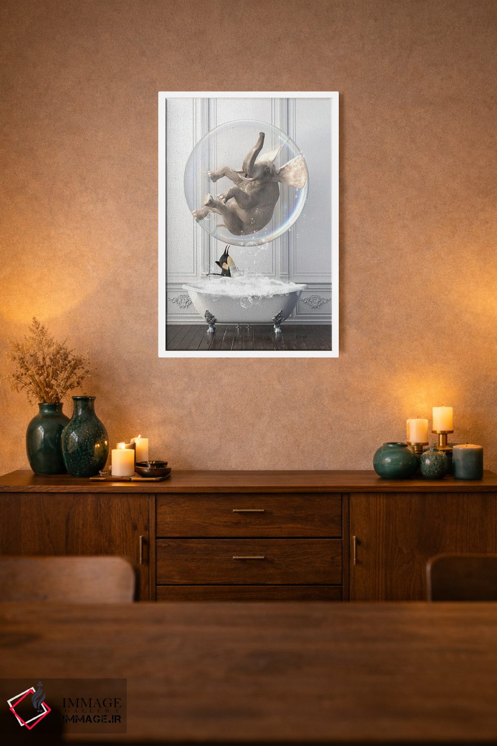 تابلو دکوراتیو فیل و یک پنگوئن در وان حمام اثر جوفری فیلیپ - D1W