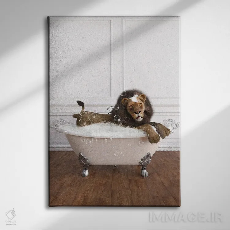 تابلو دکوراتیو شیر در حمام اثر جوفری فیلیپ - نمای روبهرو روی دیوار