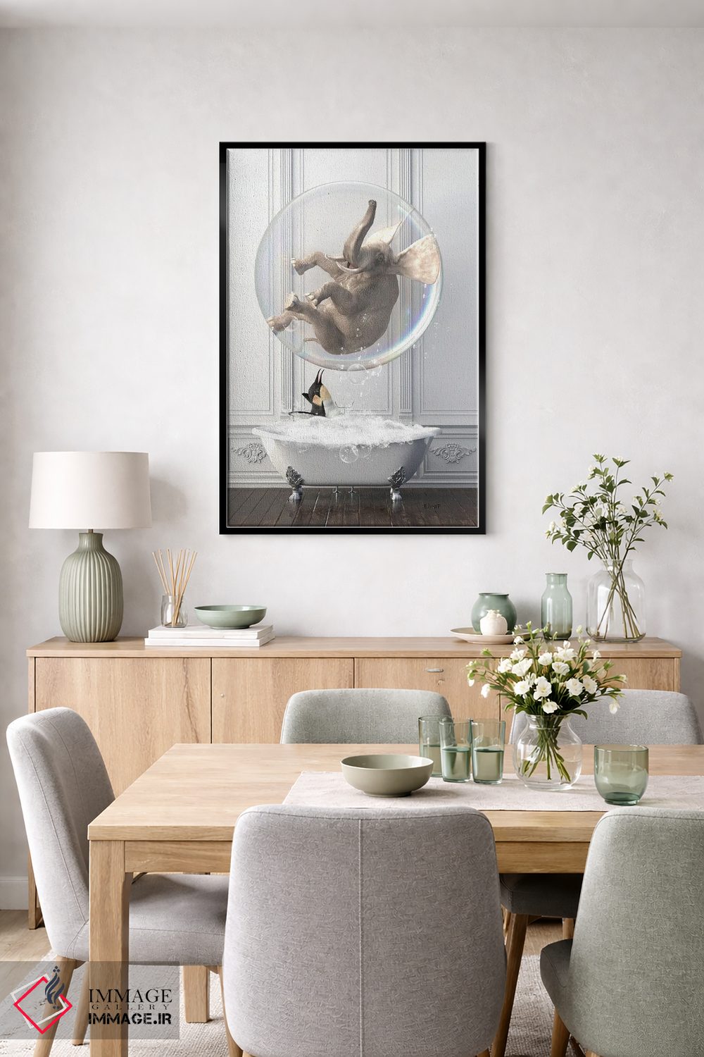 تابلو دکوراتیو فیل و یک پنگوئن در وان حمام اثر جوفری فیلیپ - D6B
