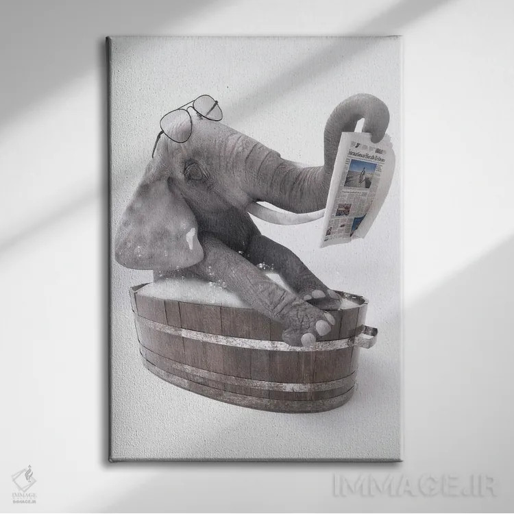 تابلو دکوراتیو فیل در وان حمام در حال خواندن روزنامه اثر جوفری فیلیپ - نمای روبهرو روی دیوار