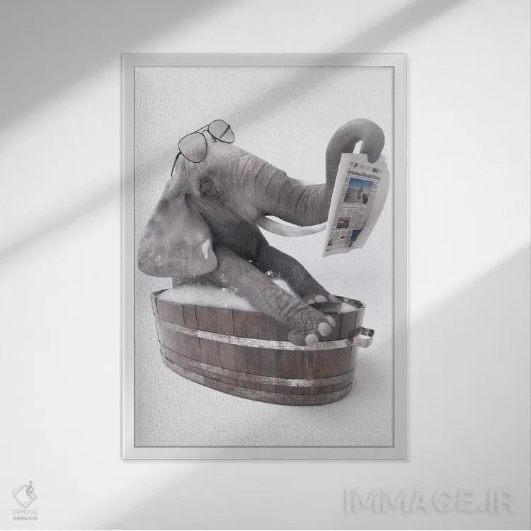 تابلو دکوراتیو فیل در وان حمام در حال خواندن روزنامه اثر جوفری فیلیپ - نمای قابدار سفید