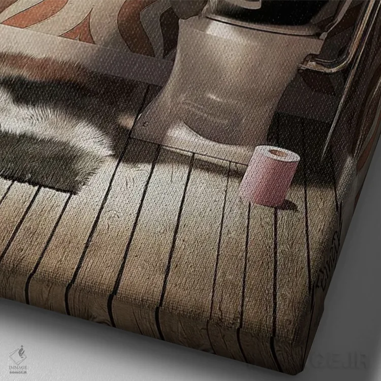 تابلو دکوراتیو پنگوئن روی دستشویی اثر جوفری فیلیپ - نمای نزدیک بافت بوم