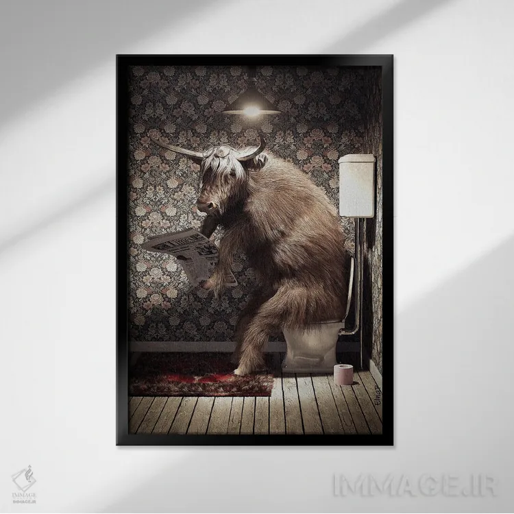تابلو دکوراتیو گاو ارتفاعات اسکاتلند روی دستشویی اثر جوفری فیلیپ - نمای قابدار مشکی