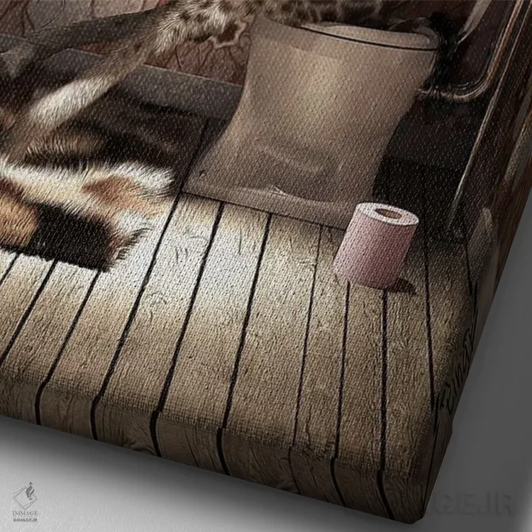 تابلو دکوراتیو زرافه روی دستشویی در حال خواندن روزنامه اثر جوفری فیلیپ - نمای نزدیک بافت بوم