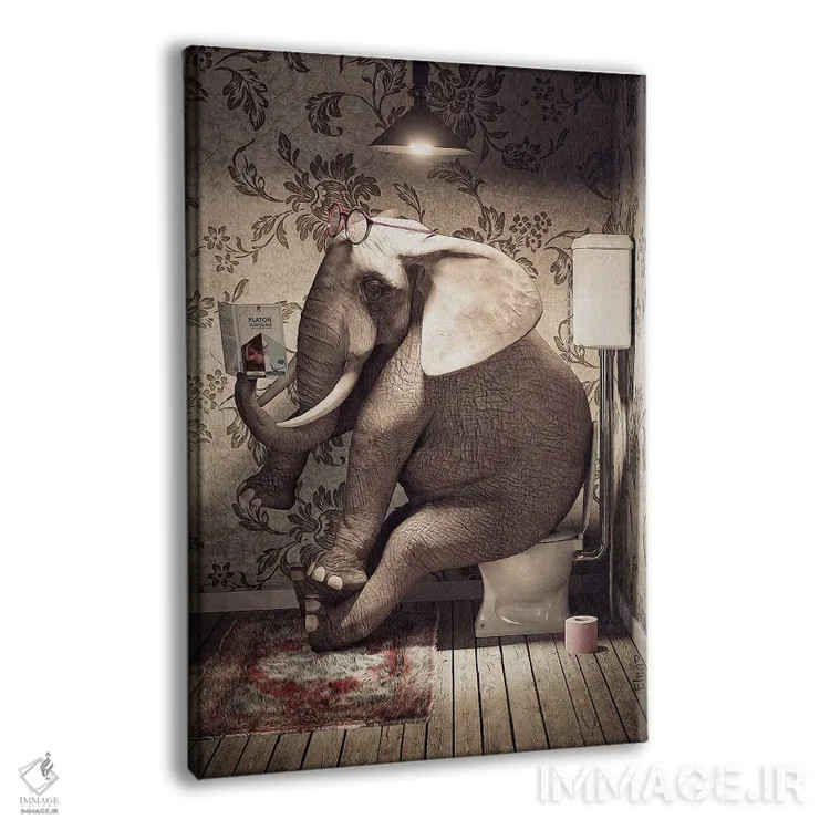 تابلو دکوراتیو فیل روی دستشویی در حال خواندن کتاب اثر جوفری فیلیپ - نمای پرسپکتیو محصول