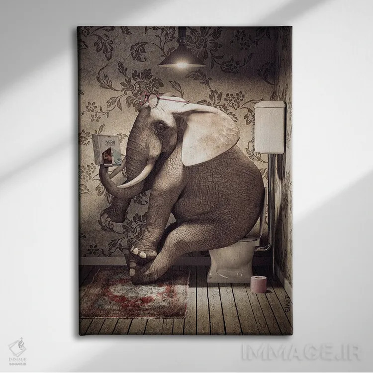 تابلو دکوراتیو فیل روی دستشویی در حال خواندن کتاب اثر جوفری فیلیپ - نمای روبهرو روی دیوار
