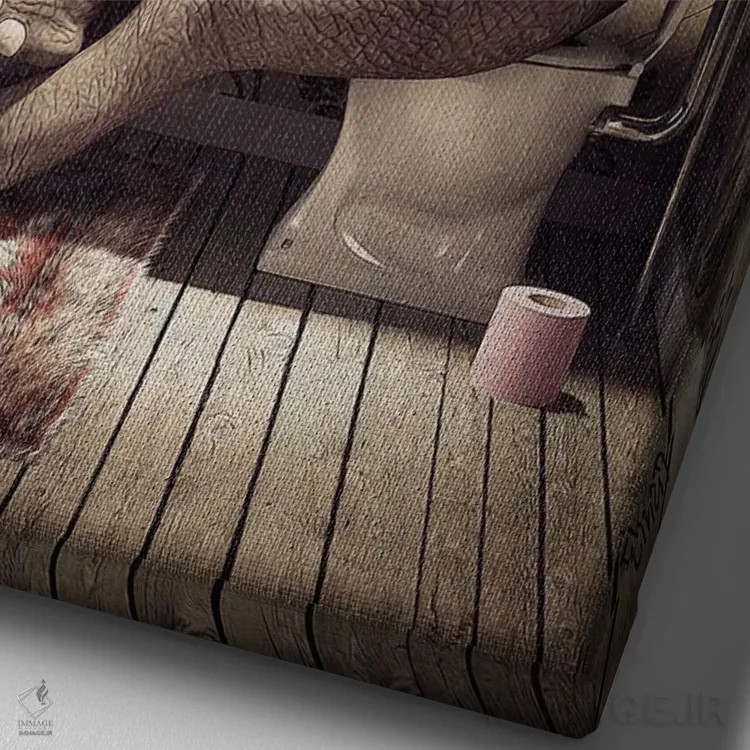 تابلو دکوراتیو فیل روی دستشویی در حال خواندن کتاب اثر جوفری فیلیپ - نمای نزدیک بافت بوم