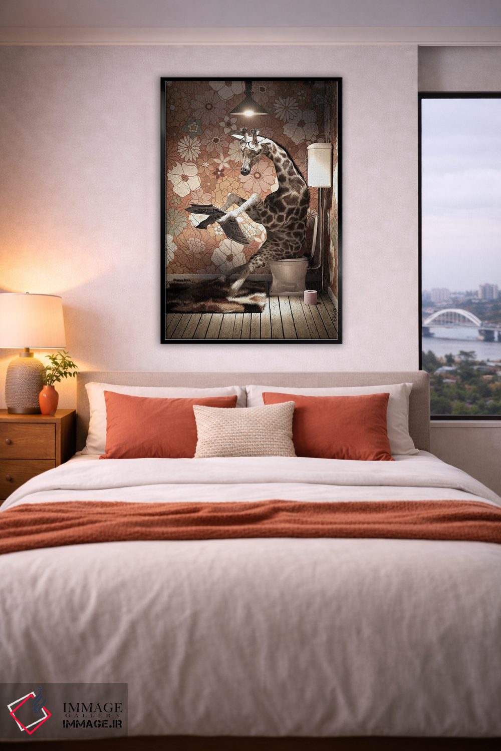 تابلو دکوراتیو زرافه روی دستشویی در حال خواندن روزنامه اثر جوفری فیلیپ - D5B