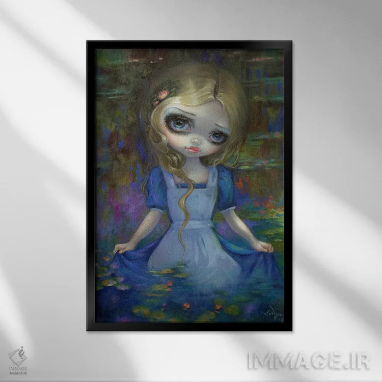 تابلو دکوراتیو آلیس در نیلوفرهای آبی مونه اثر جزمین بکت-گریفیت - نمای قابدار مشکی