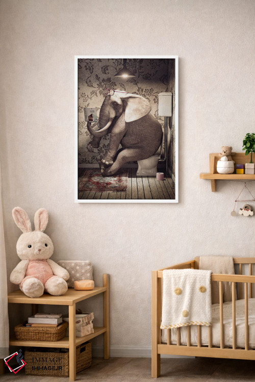 تابلو دکوراتیو فیل روی دستشویی در حال خواندن کتاب اثر جوفری فیلیپ - D2W