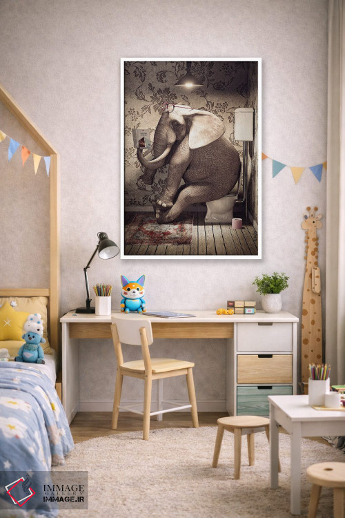 تابلو دکوراتیو فیل روی دستشویی در حال خواندن کتاب اثر جوفری فیلیپ - D1W