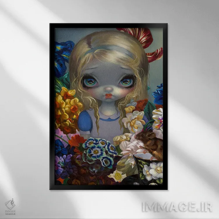 تابلو دکوراتیو آلیس با موش خواب آلود اثر جزمین بکت-گریفیت - نمای قابدار مشکی