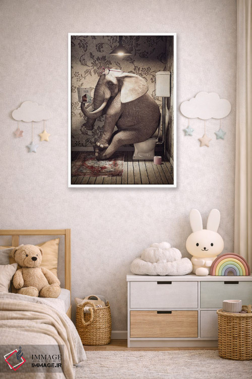 تابلو دکوراتیو فیل روی دستشویی در حال خواندن کتاب اثر جوفری فیلیپ - D3W