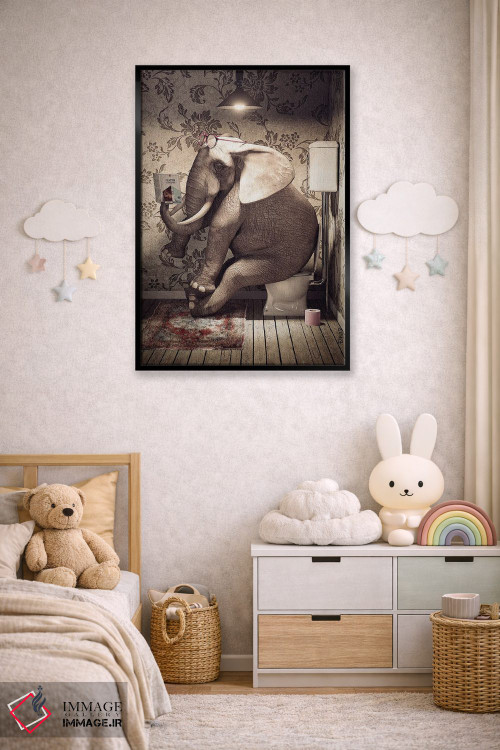 تابلو دکوراتیو فیل روی دستشویی در حال خواندن کتاب اثر جوفری فیلیپ - D4B