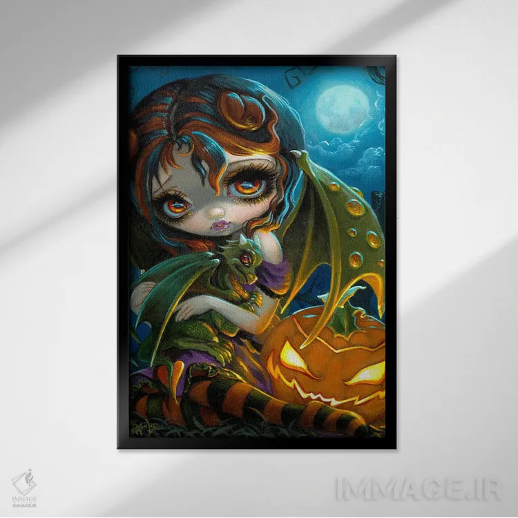 تابلو دکوراتیو اژدهای کوچک هالووین اثر جزمین بکت-گریفیت - نمای قابدار مشکی