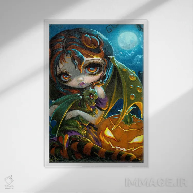 تابلو دکوراتیو اژدهای کوچک هالووین اثر جزمین بکت-گریفیت - نمای قابدار سفید