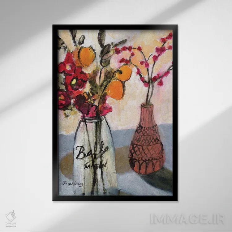 تابلو انتزاعی طبیعت بی جان با ظرف شیشه ای میسون و گل ها اثر جنل براگ - نمای قابدار مشکی
