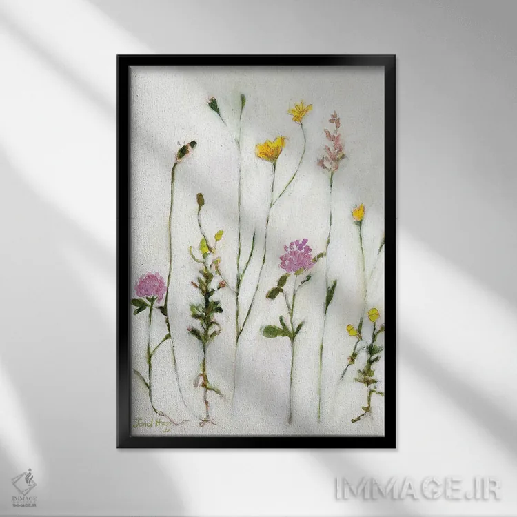 تابلو مینیمال بابونه، شبدر و قاصدک اثر جنل براگ - نمای قابدار مشکی