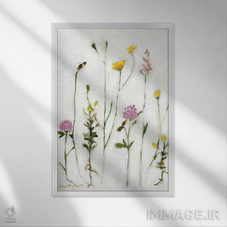 تابلو مینیمال بابونه، شبدر و قاصدک اثر جنل براگ - نمای قابدار سفید