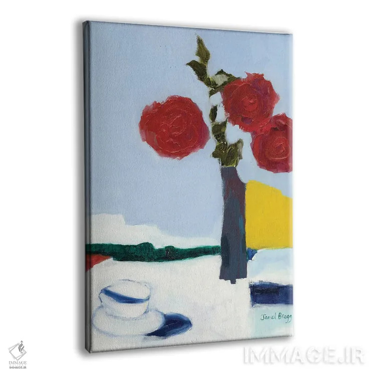 تابلو انتزاعی گل رز و فنجان چای اثر جنل براگ - نمای پرسپکتیو محصول