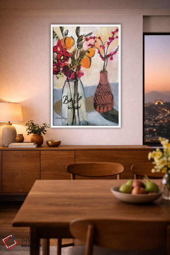 تابلو انتزاعی طبیعت بی جان با ظرف شیشه ای میسون و گل ها اثر جنل براگ - D1W