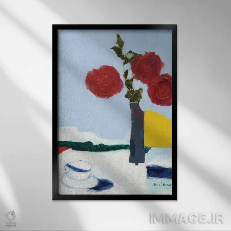 تابلو انتزاعی گل رز و فنجان چای اثر جنل براگ - نمای قابدار مشکی