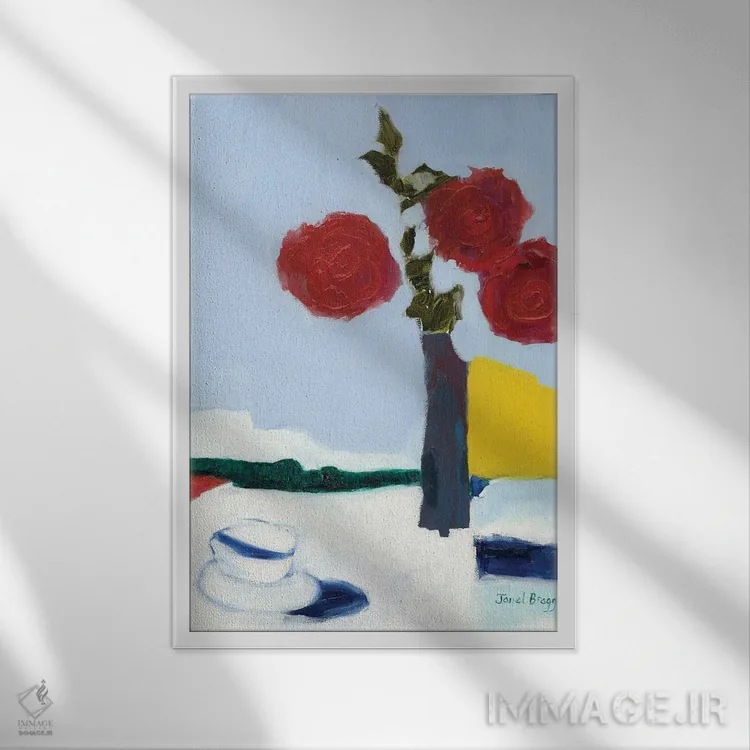 تابلو انتزاعی گل رز و فنجان چای اثر جنل براگ - نمای قابدار سفید