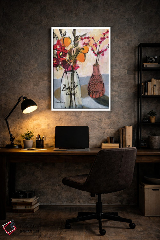 تابلو انتزاعی طبیعت بی جان با ظرف شیشه ای میسون و گل ها اثر جنل براگ - D6W