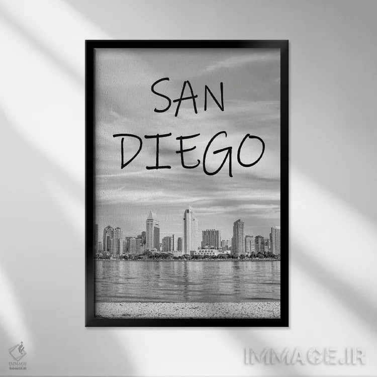 تابلو دکوراتیو San Diego Skyline,سیاه و سفید کلاسیک، خط افق سن دیگو اثر جوزف اس. جیاکالونه - نمای قابدار مشکی
