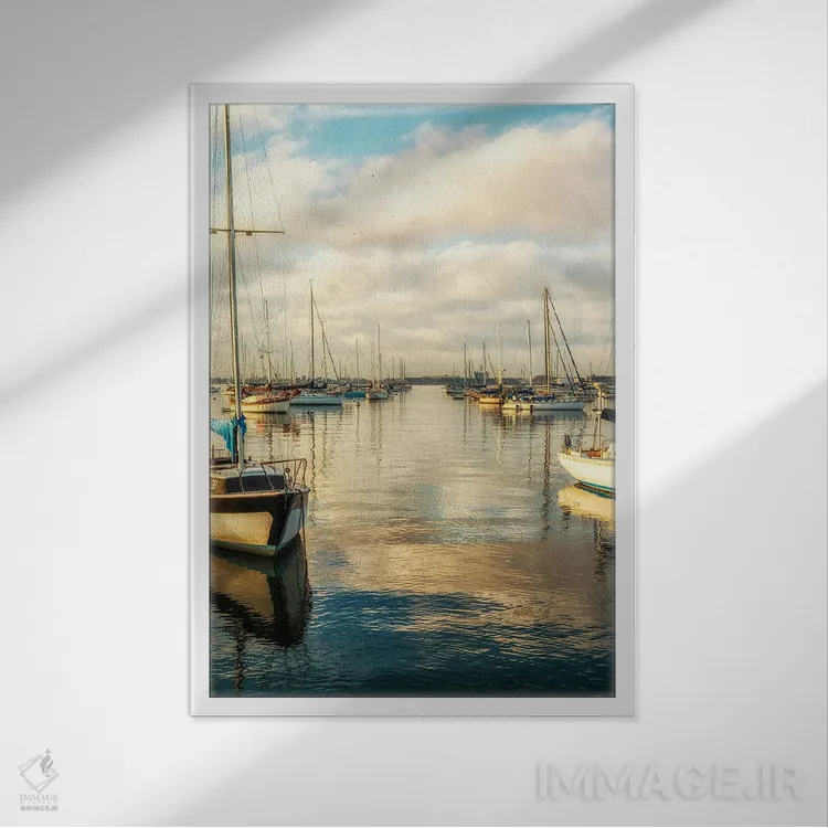 تابلو دکوراتیو San Diego Harbor,صبح با رنگ مسی، بندر سن دیگو اثر جوزف اس. جیاکالونه - نمای قابدار سفید