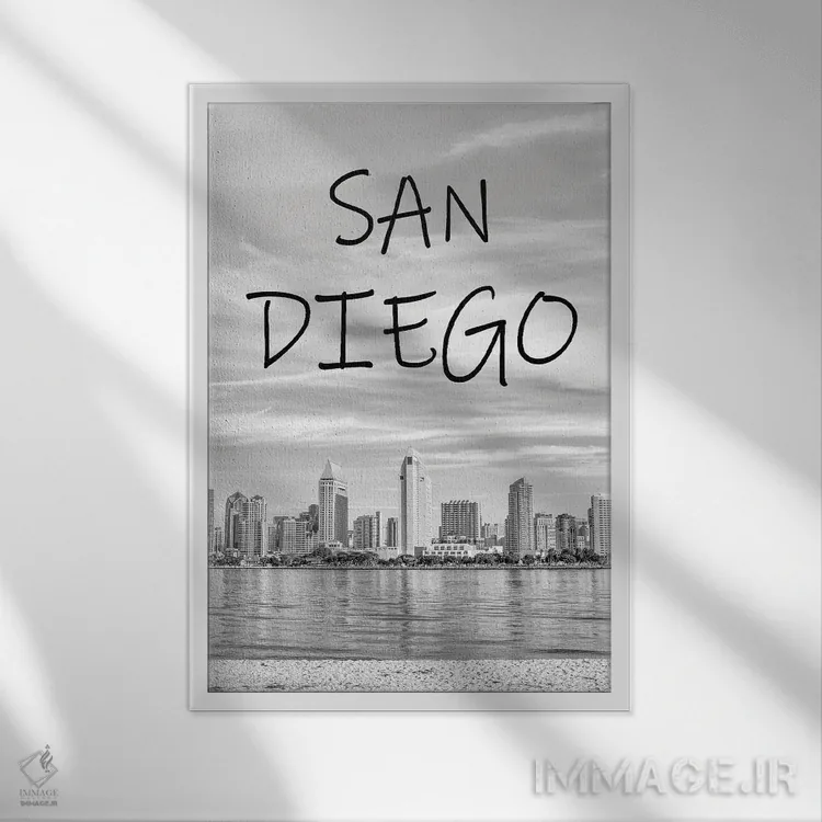 تابلو دکوراتیو San Diego Skyline,سیاه و سفید کلاسیک، خط افق سن دیگو اثر جوزف اس. جیاکالونه - نمای قابدار سفید