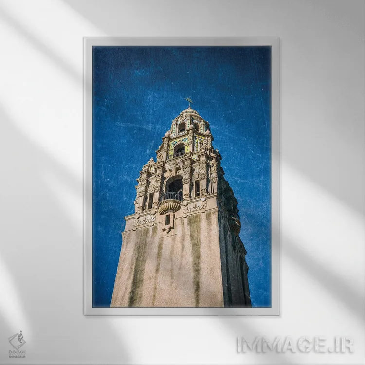 تابلو دکوراتیو برج کالیفرنیا در پارک بالبوآ با بافت هنری اثر جوزف اس. جیاکالونه - نمای قابدار سفید