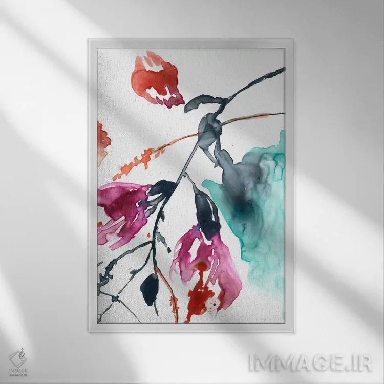 تابلو انتزاعی فوشیا آویزان II اثر جنیفر گلدبرگر - نمای قابدار سفید