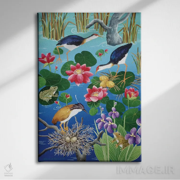 تابلو دکوراتیو مرغابیان آبی در حال لانه سازی اثر یوهانا هیلدبرانت - نمای روبهرو روی دیوار