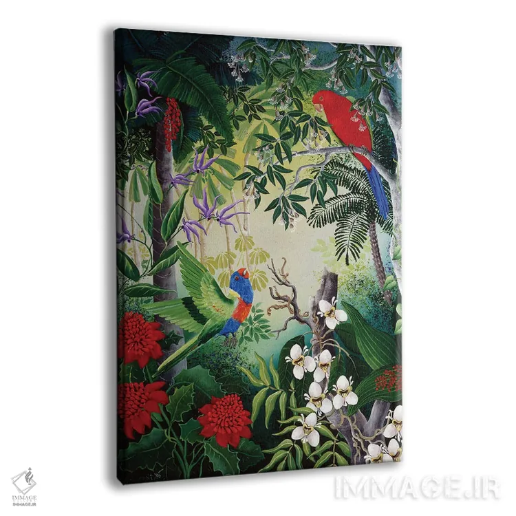 تابلو دکوراتیو طوطی ها و شکوفه ها اثر یوهانا هیلدبرانت - نمای پرسپکتیو محصول