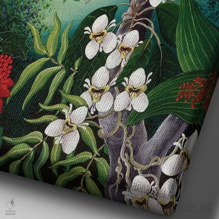 تابلو دکوراتیو طوطی ها و شکوفه ها اثر یوهانا هیلدبرانت - نمای نزدیک بافت بوم