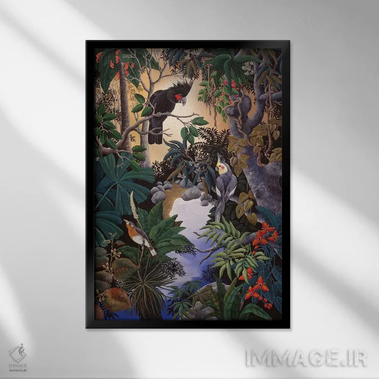 تابلو دکوراتیو طوطی کاکل دار اثر یوهانا هیلدبرانت - نمای قابدار مشکی