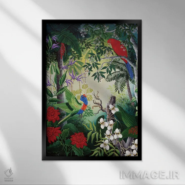 تابلو دکوراتیو طوطی ها و شکوفه ها اثر یوهانا هیلدبرانت - نمای قابدار مشکی