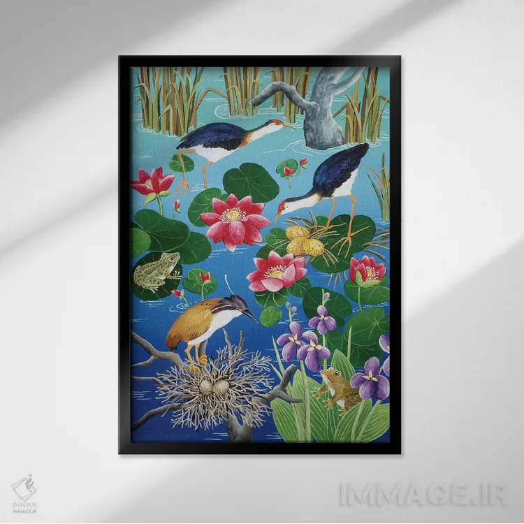 تابلو دکوراتیو مرغابیان آبی در حال لانه سازی اثر یوهانا هیلدبرانت - نمای قابدار مشکی