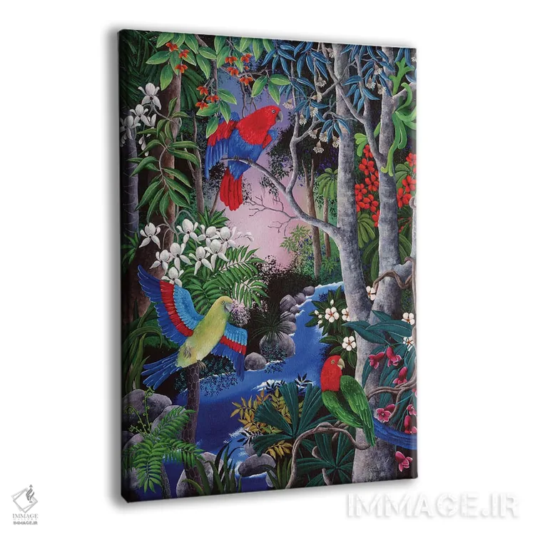 تابلو دکوراتیو طوطی های گرمسیری اثر یوهانا هیلدبرانت - نمای پرسپکتیو محصول