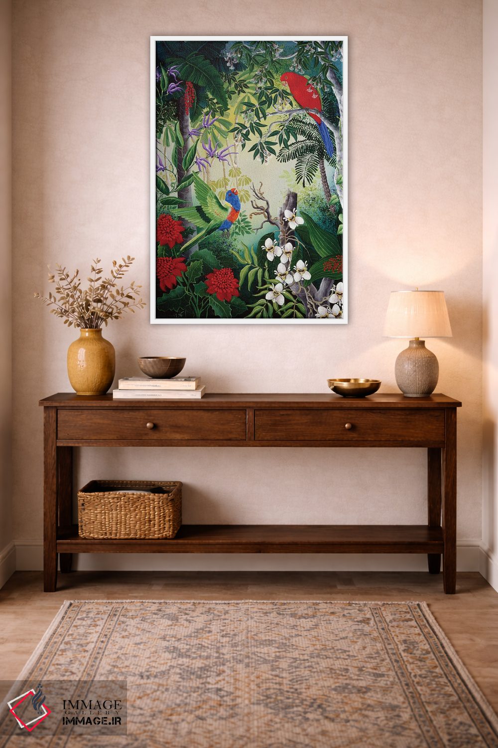 تابلو دکوراتیو طوطی ها و شکوفه ها اثر یوهانا هیلدبرانت - D2W